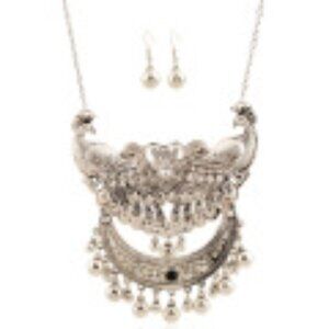 #018 Vintage Diamond Studded Peacock Necklace Gemstone Tassel Carved